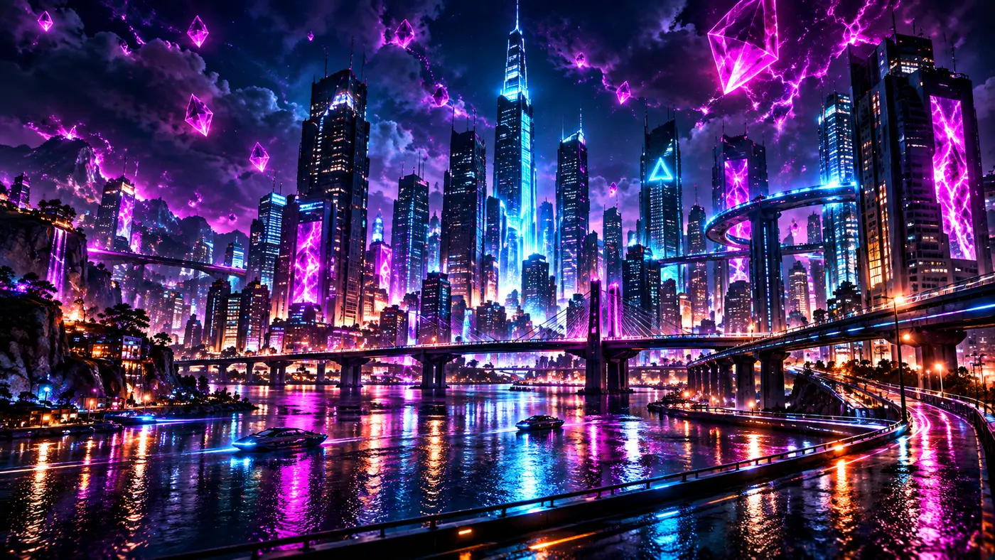Red-violet crystals over the city