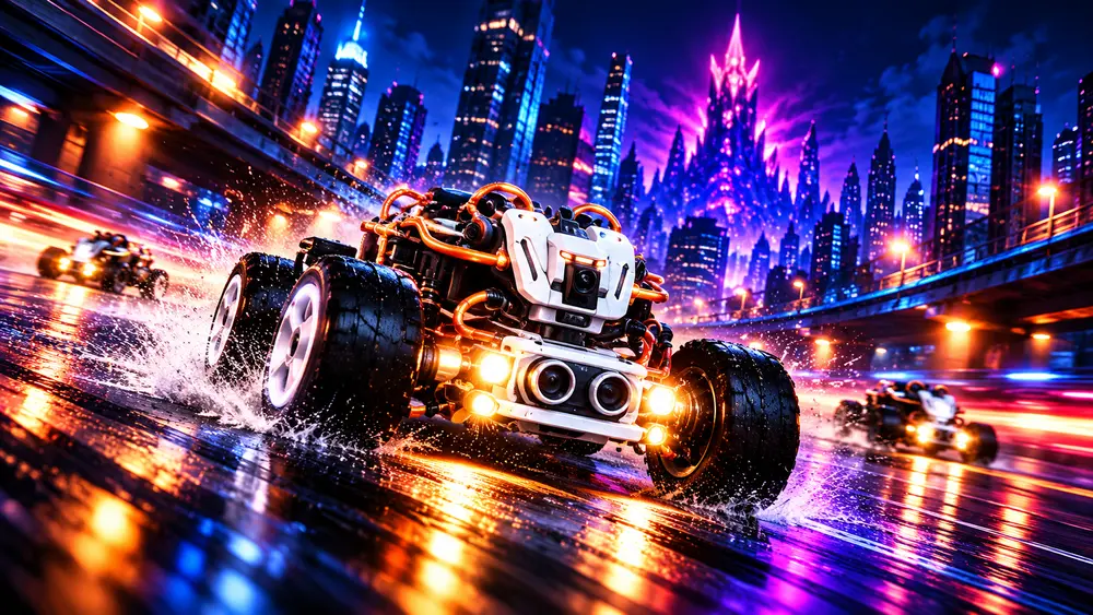 PRIME-X, a white and orange robot car, racing through a wet neon street