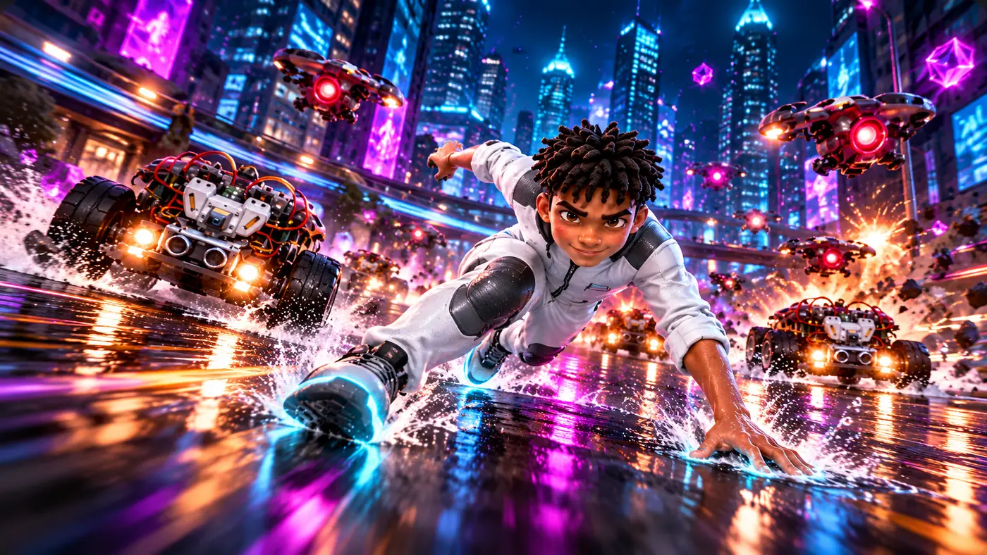 Sentinel slides across a wet street as robot cars race beside him